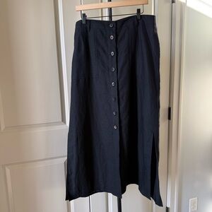 Talbots Black Quality Linen Button Front Midi Skirt Size 12 Minimalist Capsule